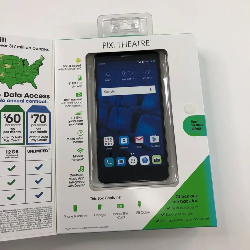 Alcatel Pixi Theatre Black Cricket Slim Smartphone Unopened